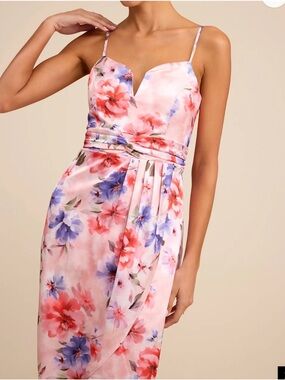 Lulus My Favorite Day Light Pink Floral Print Tulip Skirt Midi Dress Size Large
